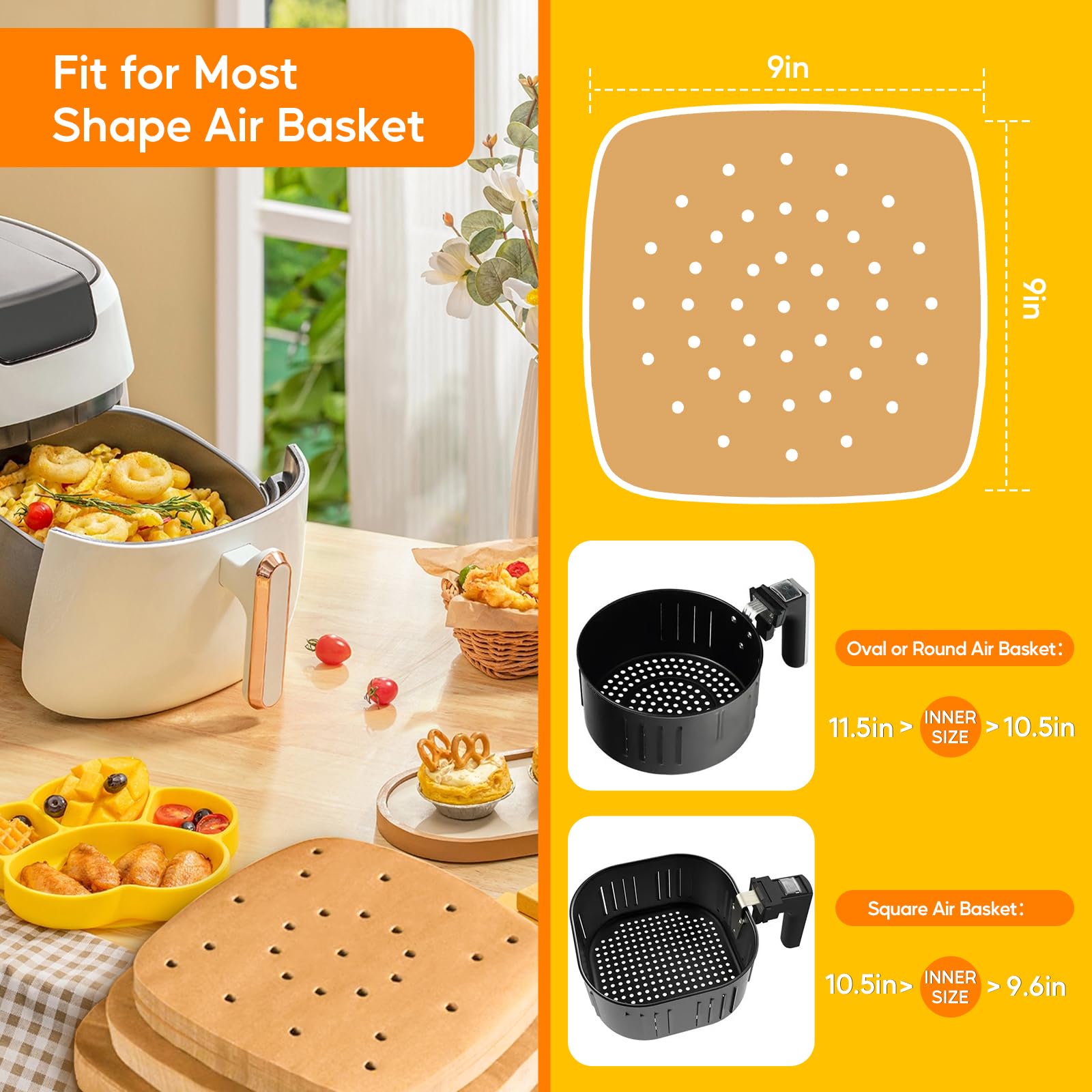 Katbite 200Pcs 9 Inch Air Fryer Parchment Paper, Heavy Duty Perforated Parchment Paper, Unbleached Air Fryer Parchment Paper Lin